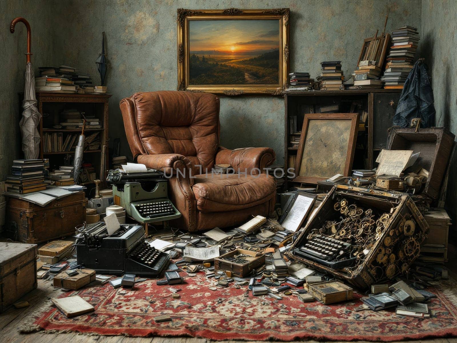 Chaotic vintage interior with scattered books, typewriters, paintings and various old objects creating a nostalgic atmosphere. Ai generated