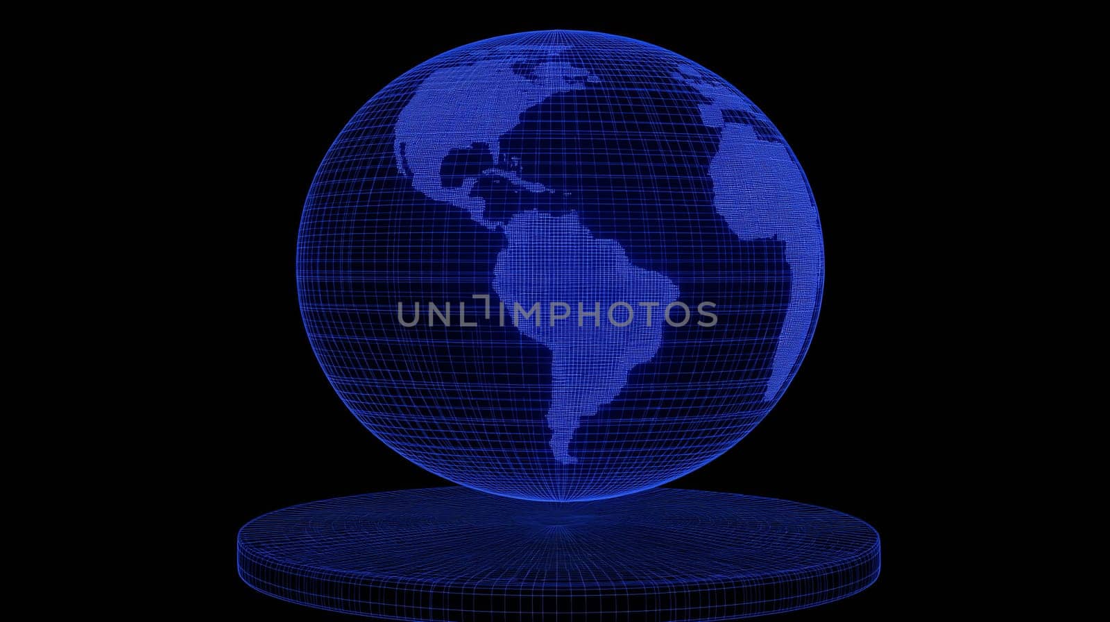A luminous blue globe showcases a digital map of Earth, highlighting continents and oceans against a black background, representing a modern interpretation of our planet.