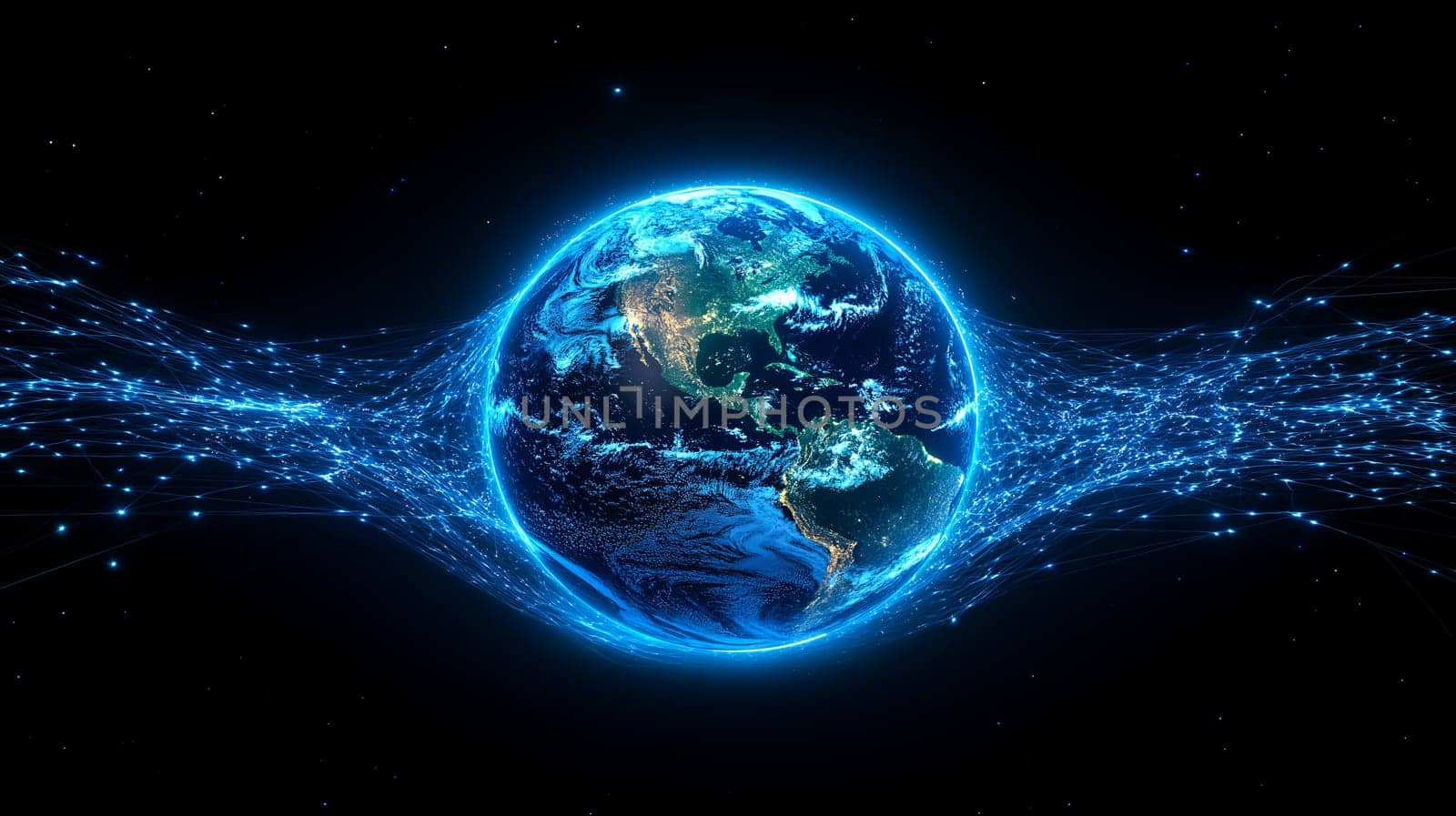 A vibrant digital depiction of Earth glows in blue against a dark background. Bright, streaking lights represent data and connectivity around the planet, showcasing its beauty and dynamism.