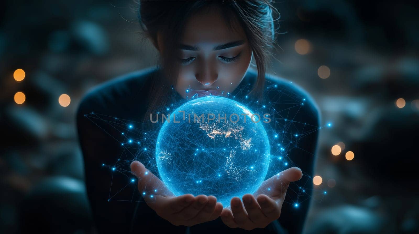 A person gently cradles a radiant blue digital globe, surrounded by twinkling lights, amid a serene, twilight environment that enhances the beauty of the representation.
