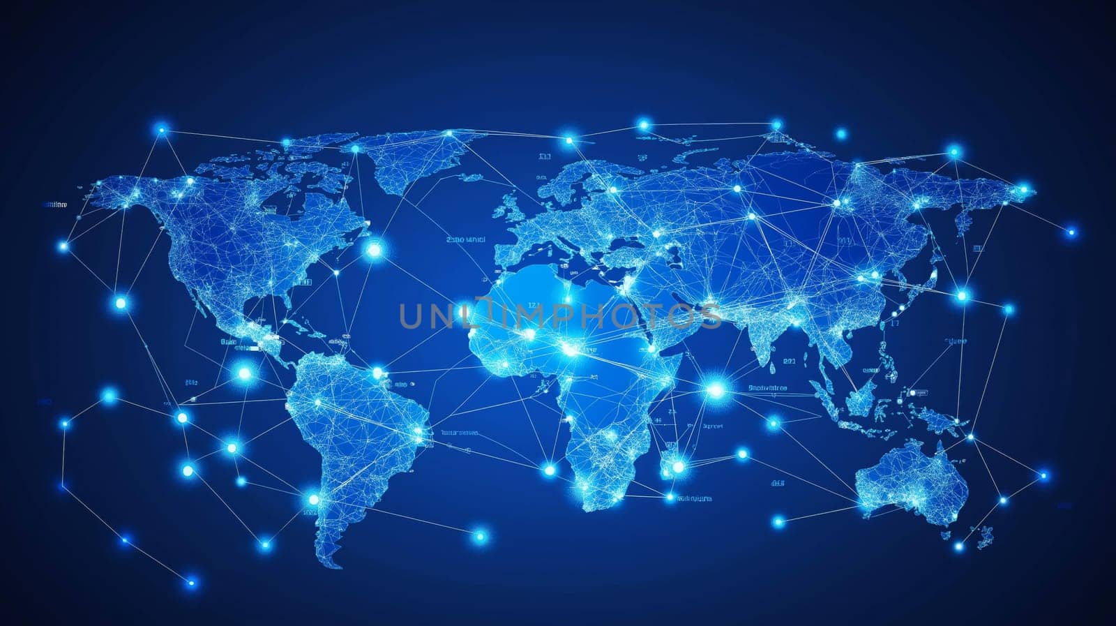 A vivid blue digital depiction of Earth showcases the interconnectedness of continents through glowing lines and nodes. The map emphasizes data networks and global communication pathways.