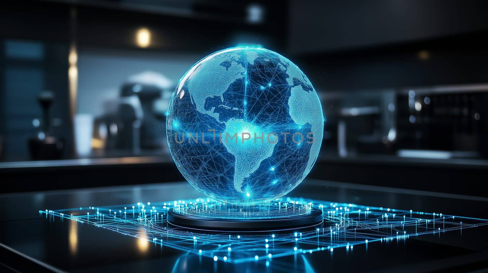 A glowing blue digital representation of Earth showcases intricate network connections. The model is positioned on a sleek surface, enhanced by ambient lighting in a contemporary environment.