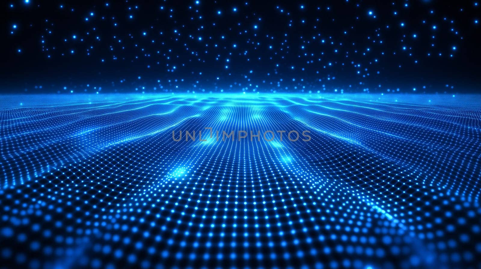 A vibrant blue digital representation of Earth is displayed, featuring a grid-like surface illuminated by countless glowing particles.