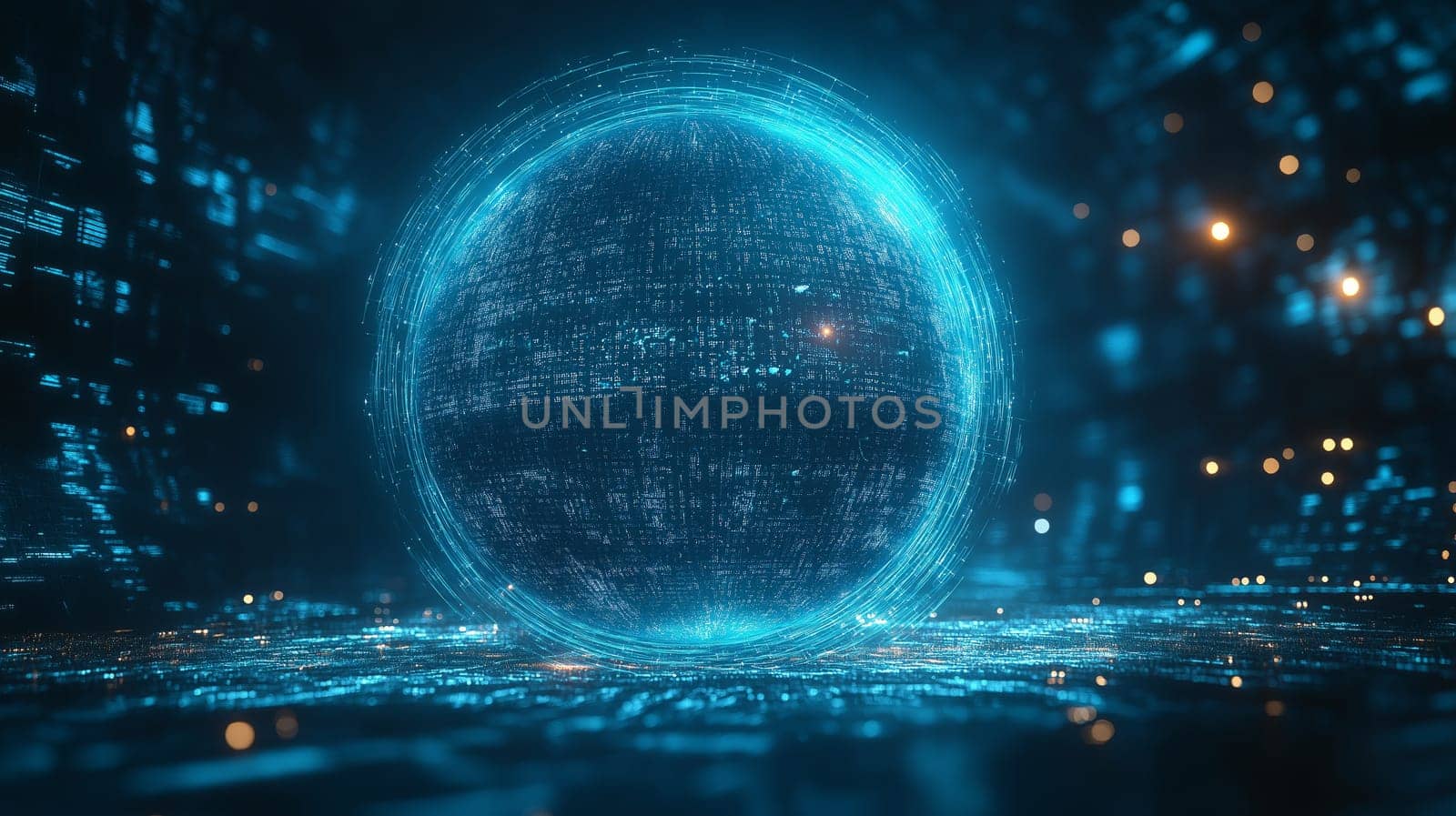 A glowing blue sphere symbolizes Earth, embedded in a futuristic digital landscape. Surrounding data streams and lights illuminate the dark background, portraying a high-tech environment.