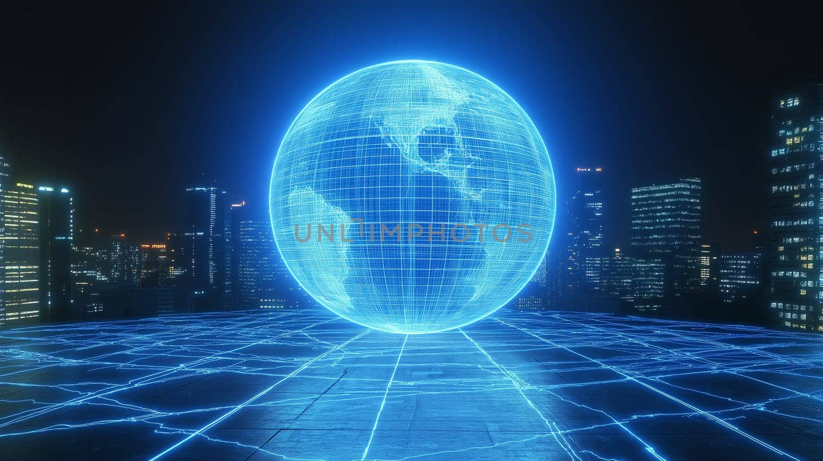 A vibrant blue digital depiction of Earth floats above a grid in a modern urban setting. Skyscrapers illuminated against the night sky create a high-tech ambiance.