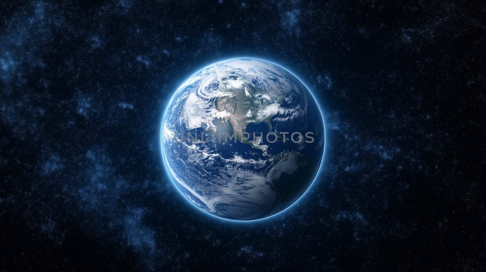 A vibrant blue digital representation of Earth showcases its continents and oceans, illuminated by a glowing outline. The cosmic background adds depth to this striking visual.