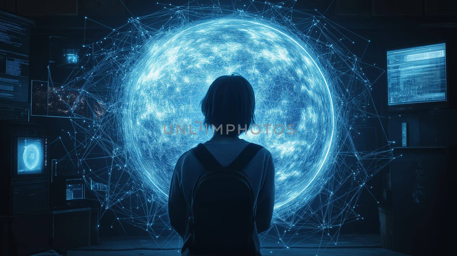A person stands in a shadowy room, gazing at a glowing blue digital model of Earth. Surrounded by screens displaying data, they look contemplatively at the vibrant globe.