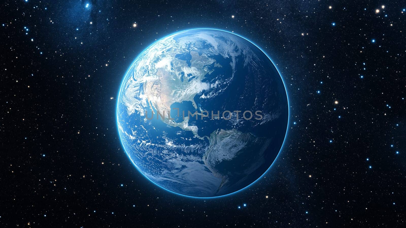 A vibrant blue digital representation of Earth showcases its continents and oceans, illuminated by a glowing outline. The cosmic background adds depth to this striking visual.