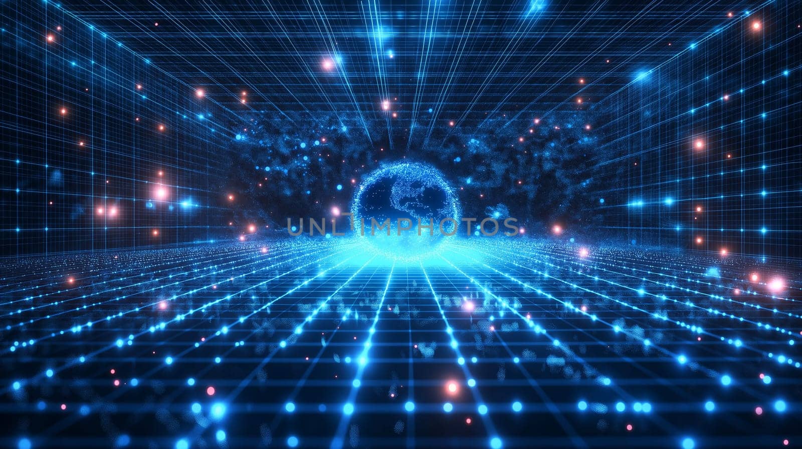 A vibrant blue depiction of Earth floats at the center of a digital grid filled with glowing particles.