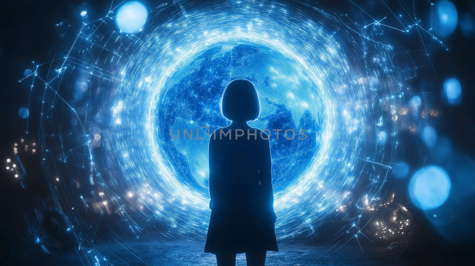 A glowing blue digital representation of Earth is seen through a cosmic portal. A silhouette stands in front, symbolizing exploration and connection to the universe.