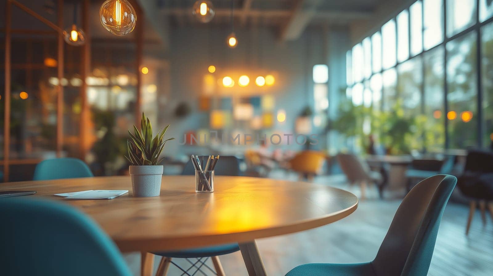 A contemporary corporate meeting room featuring a round table at the center, surrounded by stylish chairs. Soft lighting and greenery create an inviting atmosphere for discussions.