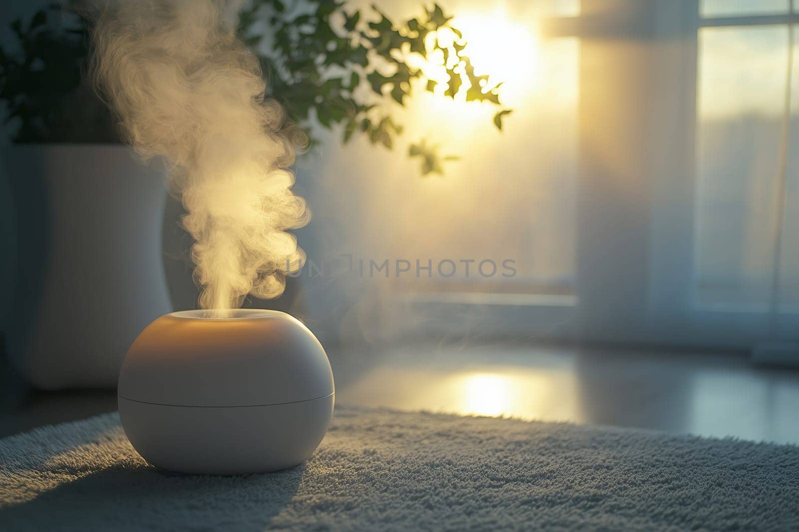 A vaporizer releases a gentle mist, creating a calming atmosphere in a softly lit room. Sunlight filters through the curtains, enhancing the serene ambiance of the space.