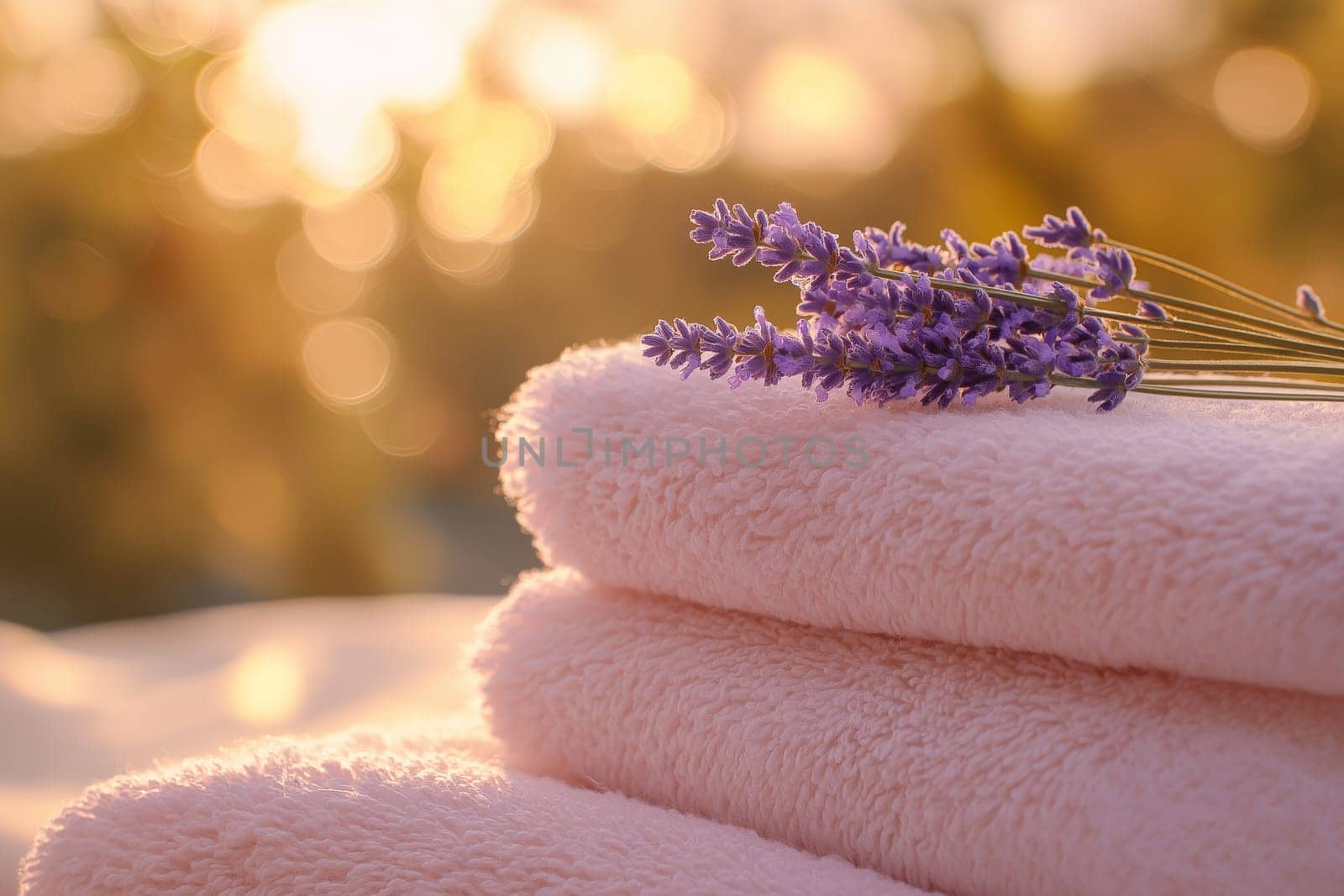 In a serene outdoor setting, fluffy pastel-colored towels are neatly stacked with a sprig of lavender resting on top. The warm sunlight softly illuminates the scene, creating a tranquil atmosphere.