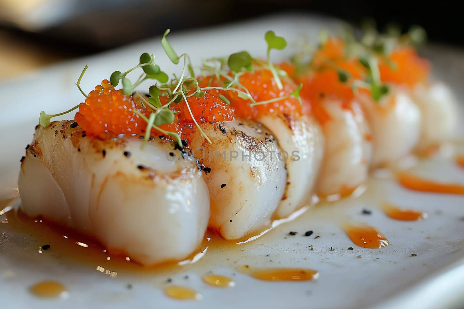 This stunning dish features expertly seared scallops adorned with bright orange roe and microgreens, resting on a delicate sauce. A perfect example of gourmet culinary art.