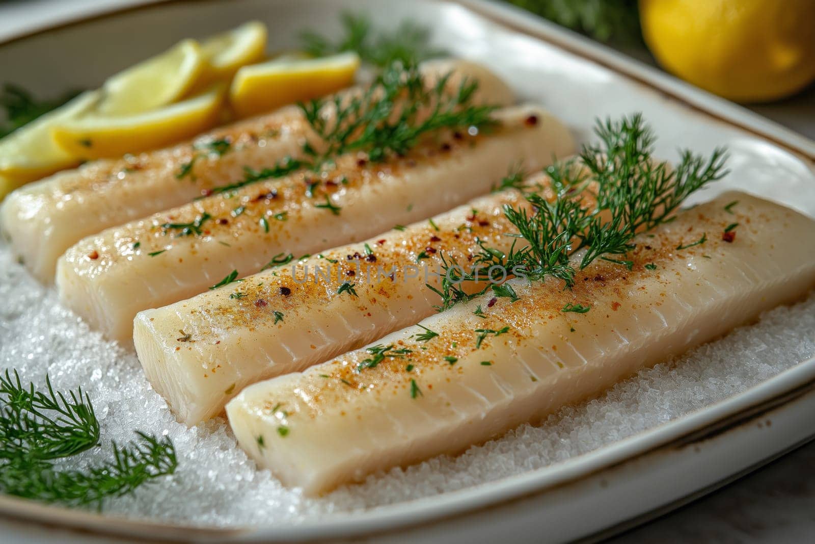 Delicate razor clams are elegantly arranged on a bed of ice, garnished with fresh herbs and slices of lemon, showcasing a fine dining experience in an upscale restaurant setting.
