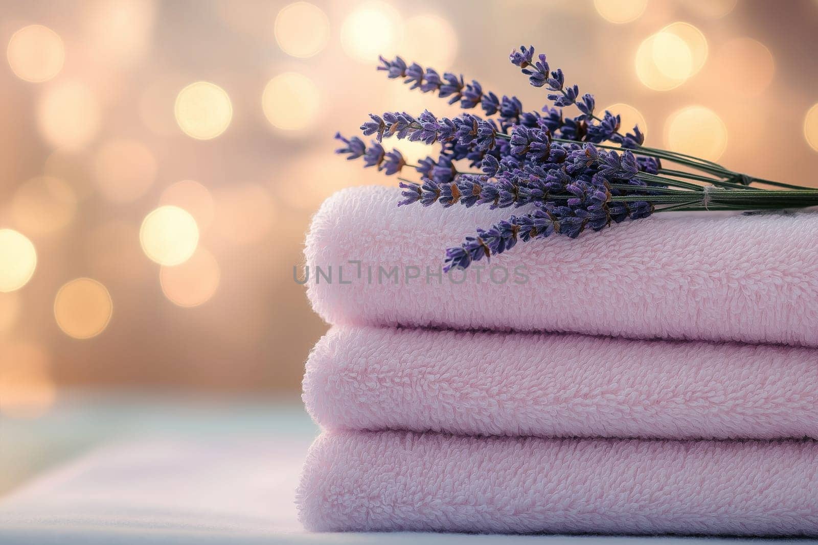 A stack of soft, pastel-colored towels is neatly arranged on a surface. A sprig of lavender rests atop the towels, creating a calming and inviting atmosphere.