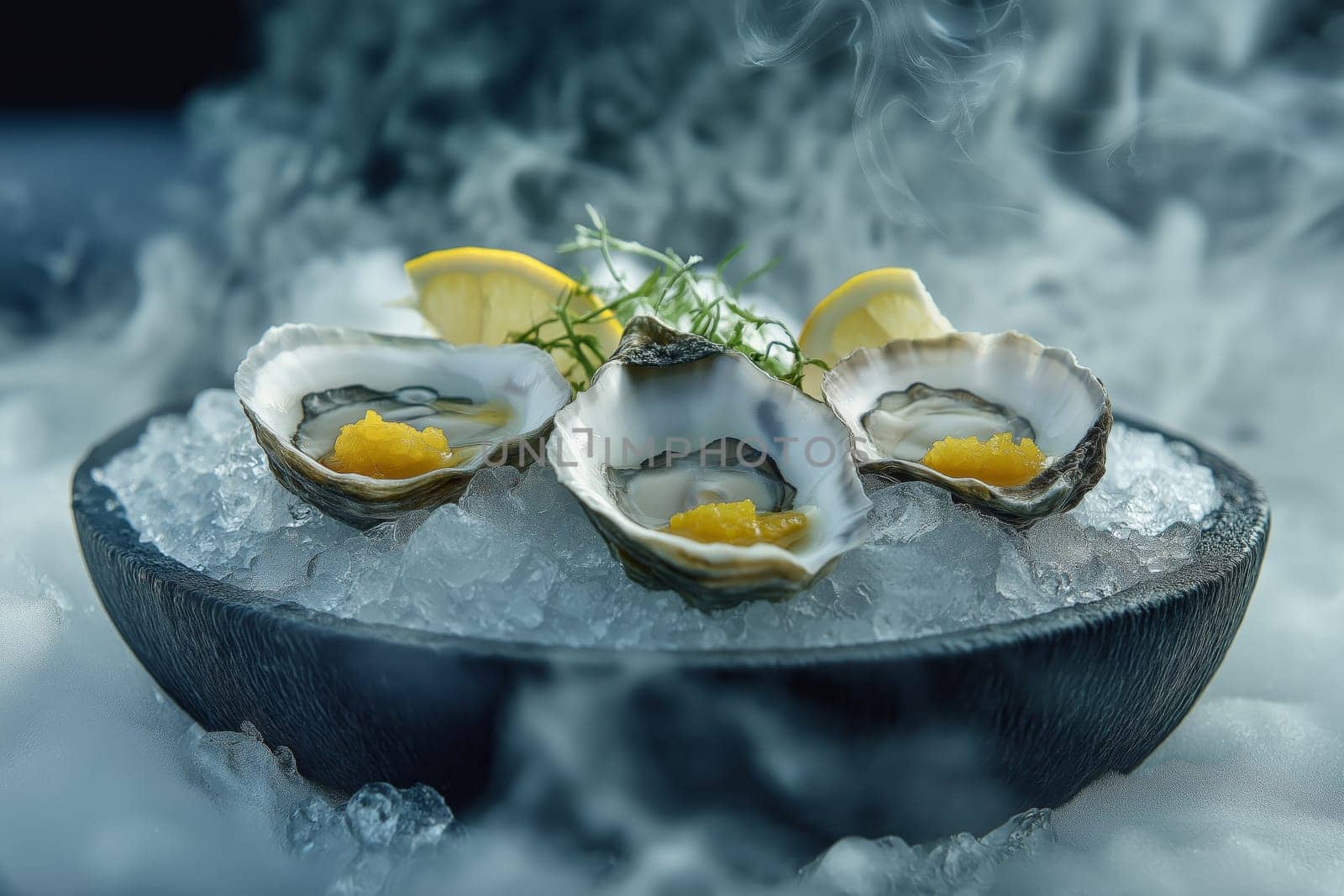Freshly shucked oysters presented elegantly on a bed of ice, garnished with seaweed and accompanied by wedges of lemon, creating a sensory experience for seafood lovers.