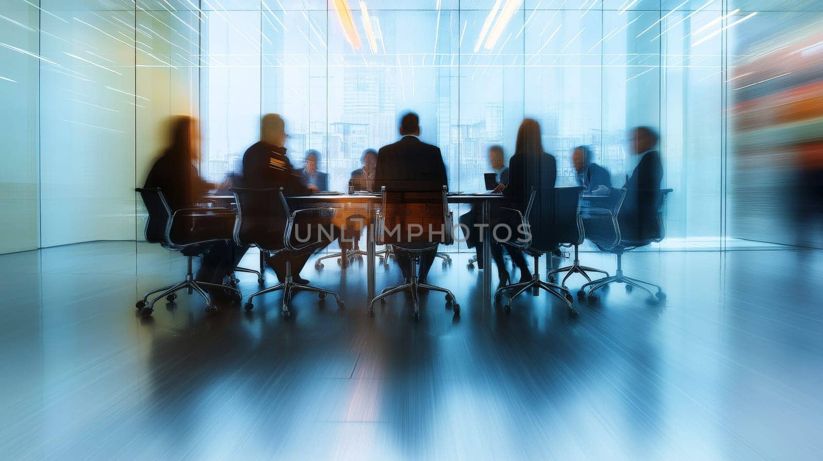 A corporate meeting unfolds in a modern room featuring a round table surrounded by participants. The atmosphere reflects a professional setting with blurred interactions.