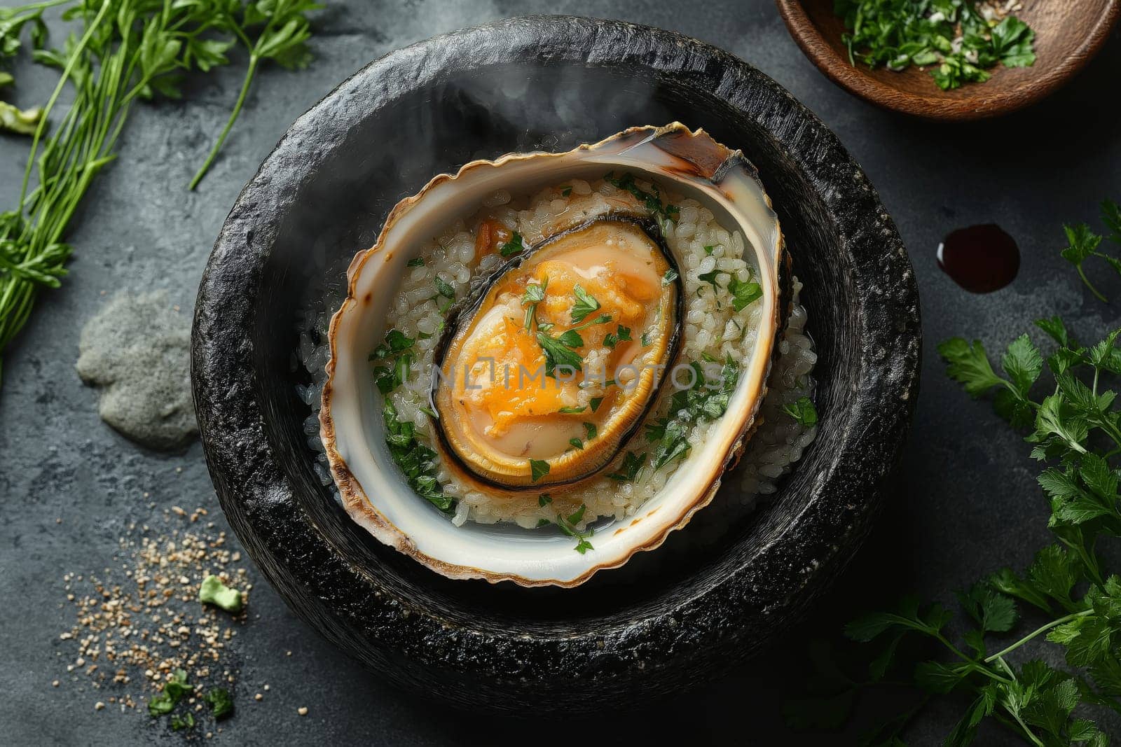 Live abalone rests in its shell, surrounded by rice and fresh herbs in a stone bowl. A culinary dish showcases vibrant colors and textures, highlighting gourmet preparation.