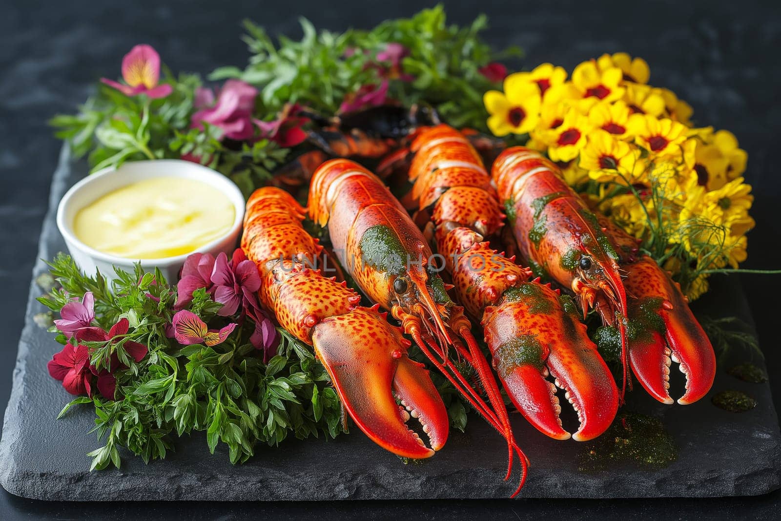 Display of a vibrant seafood platter showcasing live lobsters surrounded by colorful flowers and fresh herbs, accompanied by a creamy dipping sauce. Perfect for a special occasion.
