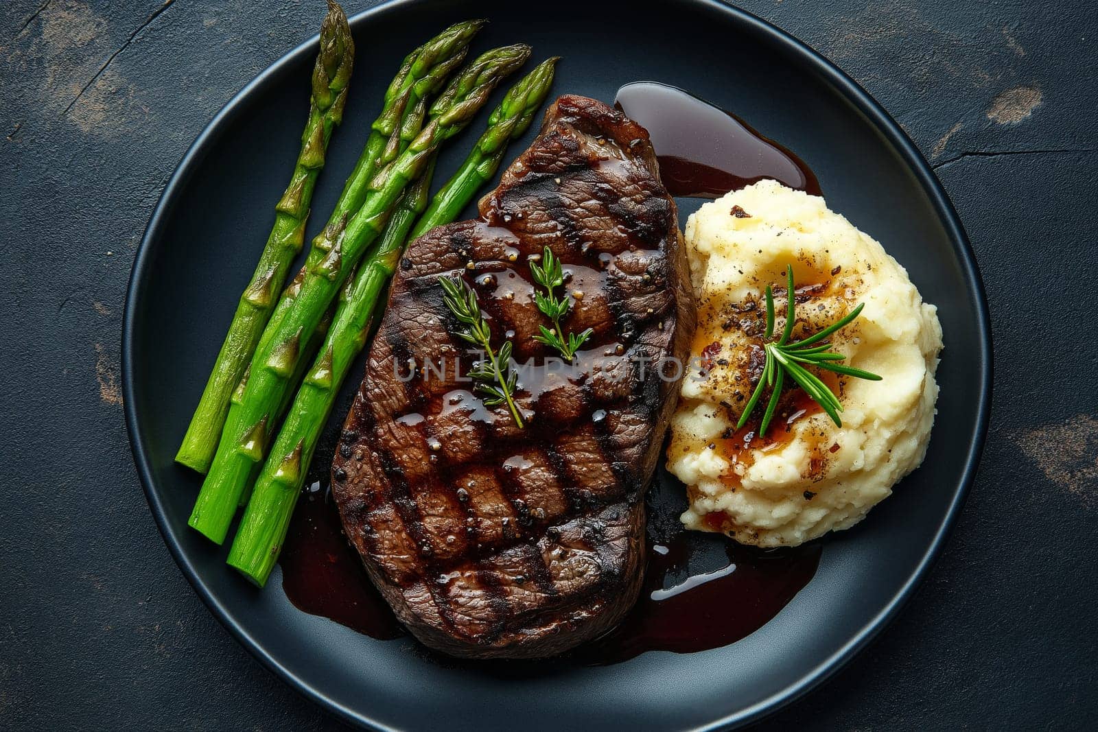 A top view showcases a luxurious wagyu steak beautifully plated alongside grilled asparagus and smooth, creamy mashed potatoes, all drizzled with a rich sauce.