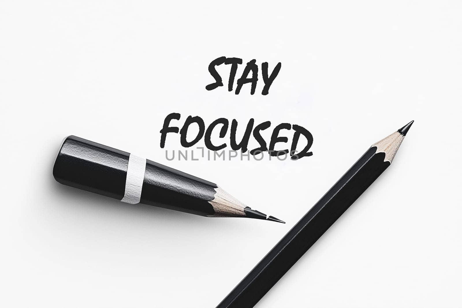 A motivational phrase encourages concentration while black and graphite pencils sit beside each other on a bright surface.