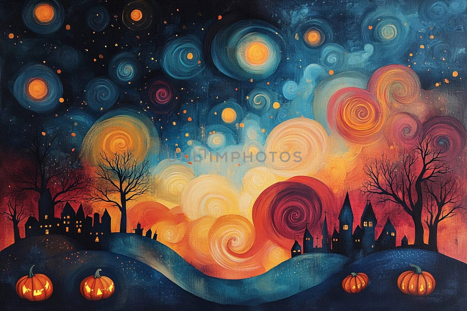 A vibrant sky filled with swirling colors above a Halloween village, featuring silhouettes of trees and glowing pumpkins at twilight.
