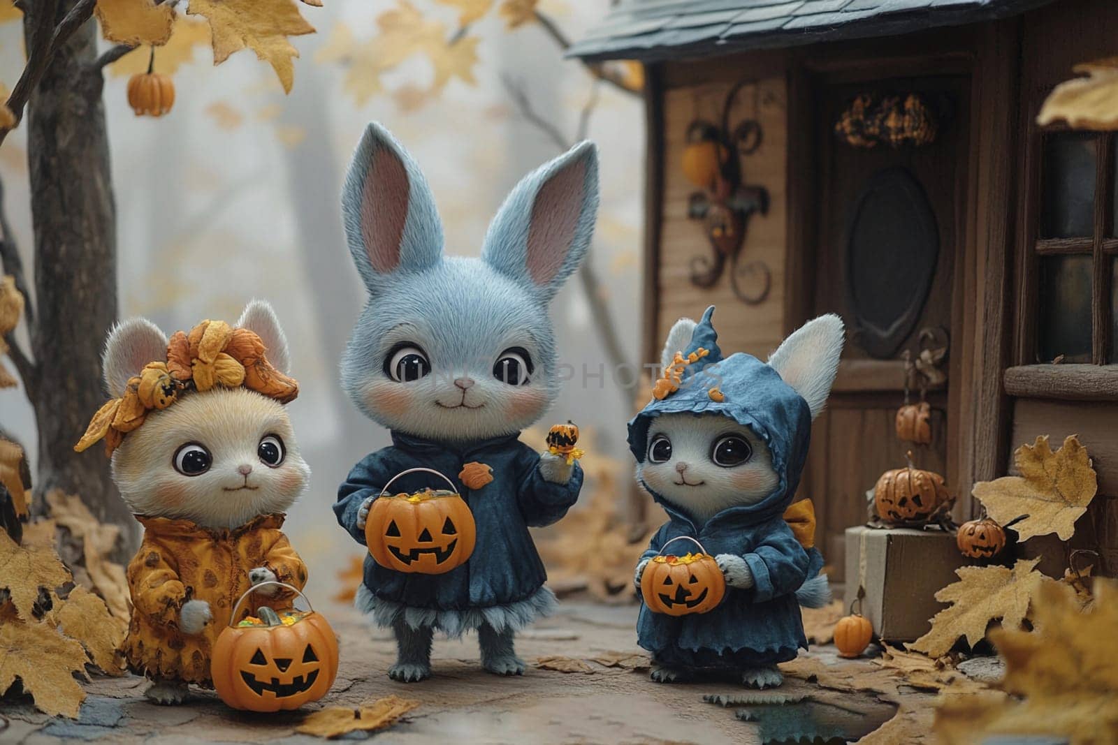 Adorable animal figures dressed in Halloween outfits stand by a rustic cabin. They hold pumpkin decorations amidst autumn leaves.