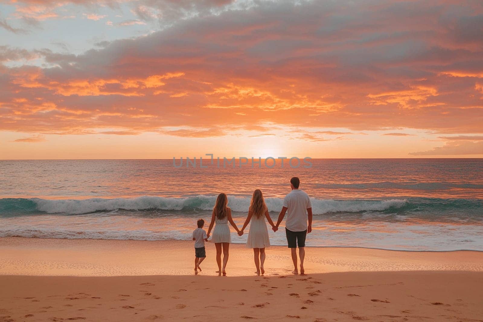 A family holds hands as they walk along the shore, enjoying the warm hues of a sunset reflecting on the water.