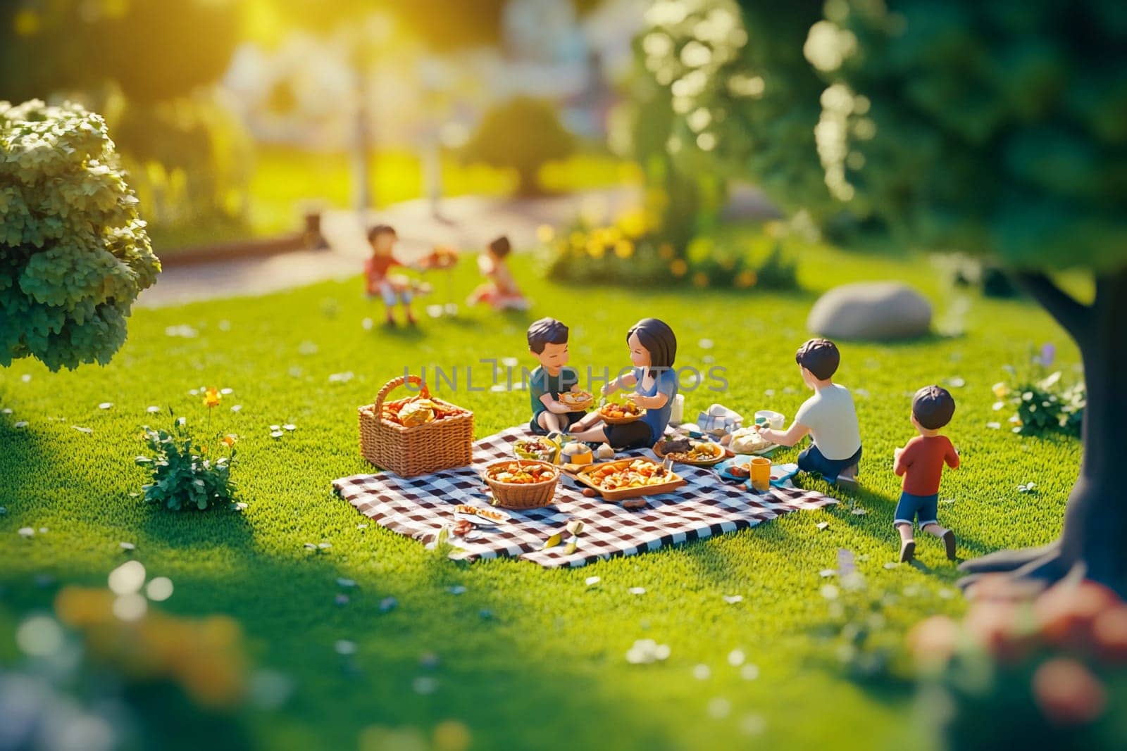 A group gathers on a picnic blanket sharing delicious food on a sunny afternoon in a vibrant park setting filled with greenery.