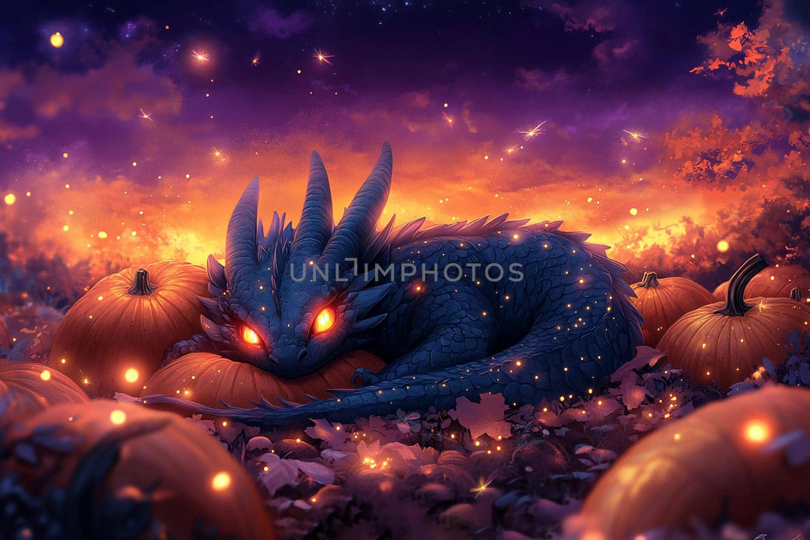 A dragon with glowing eyes lies among pumpkins as twilight casts vibrant colors across the autumn landscape, creating a mystical atmosphere.
