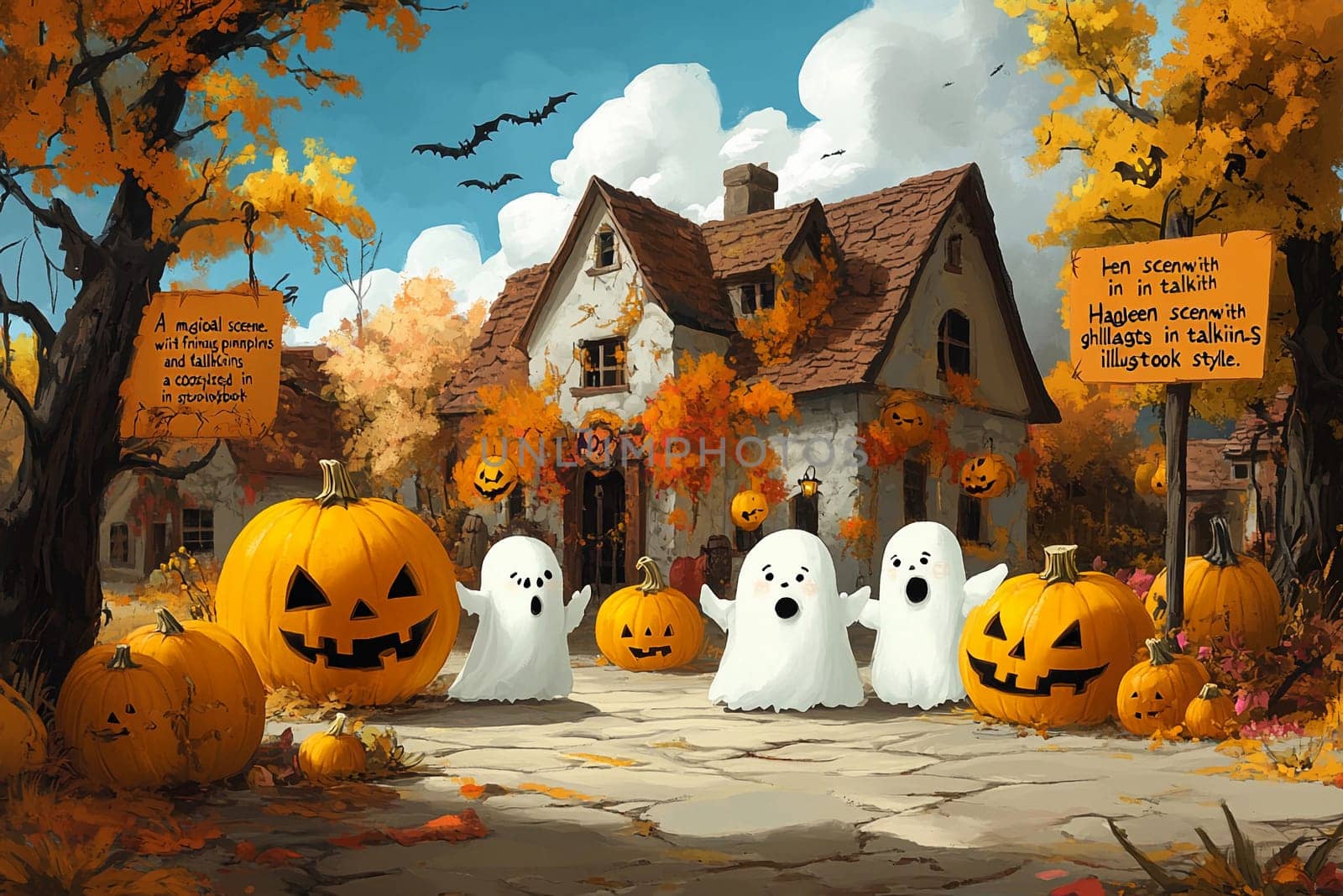 Charming trick-or-treaters dressed as friendly ghosts gather outside a decorated house surrounded by glowing pumpkins and fall leaves.