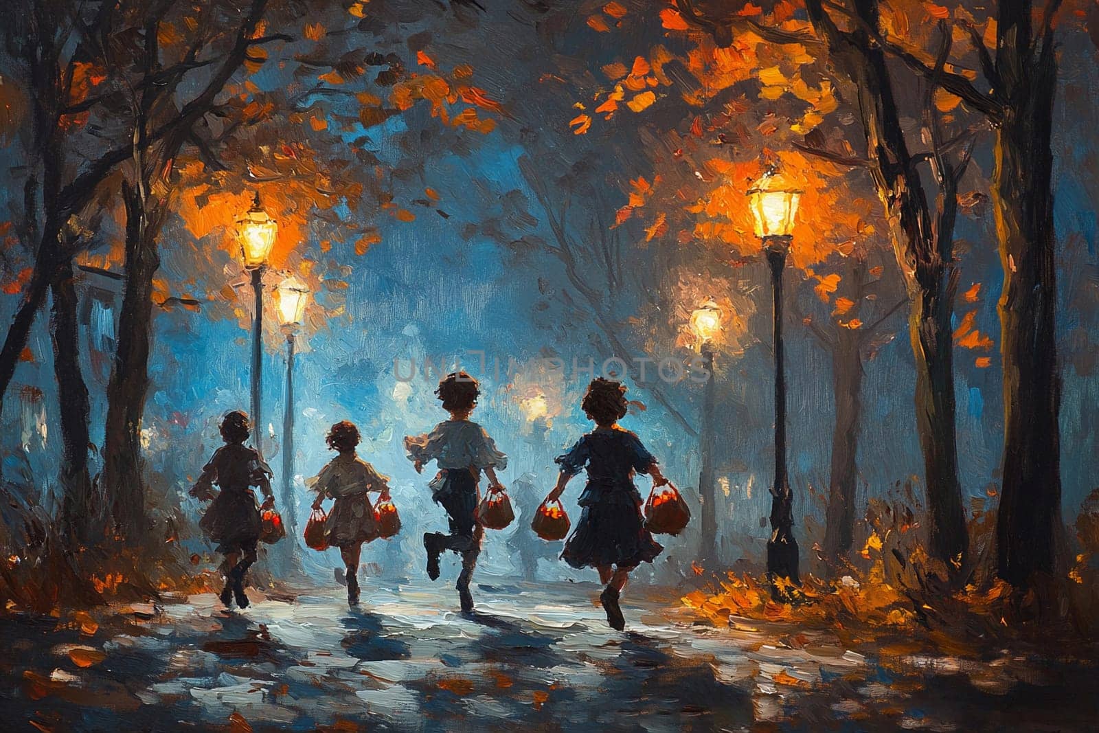 Groups of children run along a quaint street lined with glowing lamps, carrying bags filled with treats during an autumn evening.
