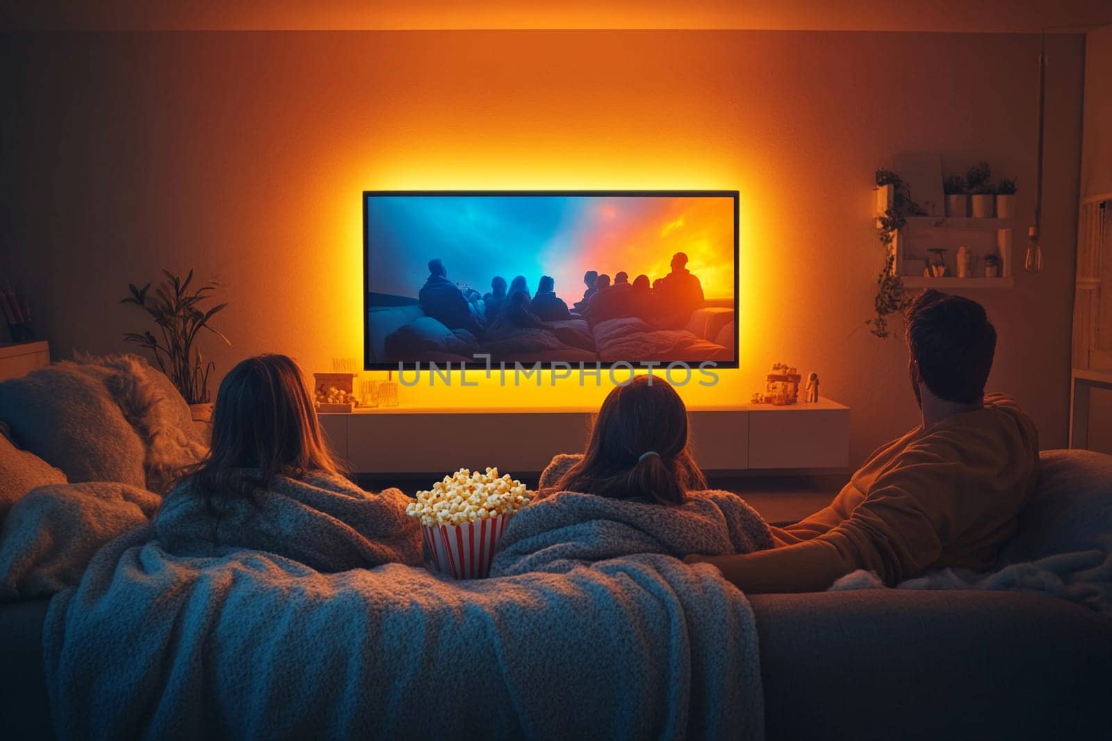 Friends gather on a couch under warm lighting, enjoying a movie evening with snacks and a cozy atmosphere that invites relaxation.