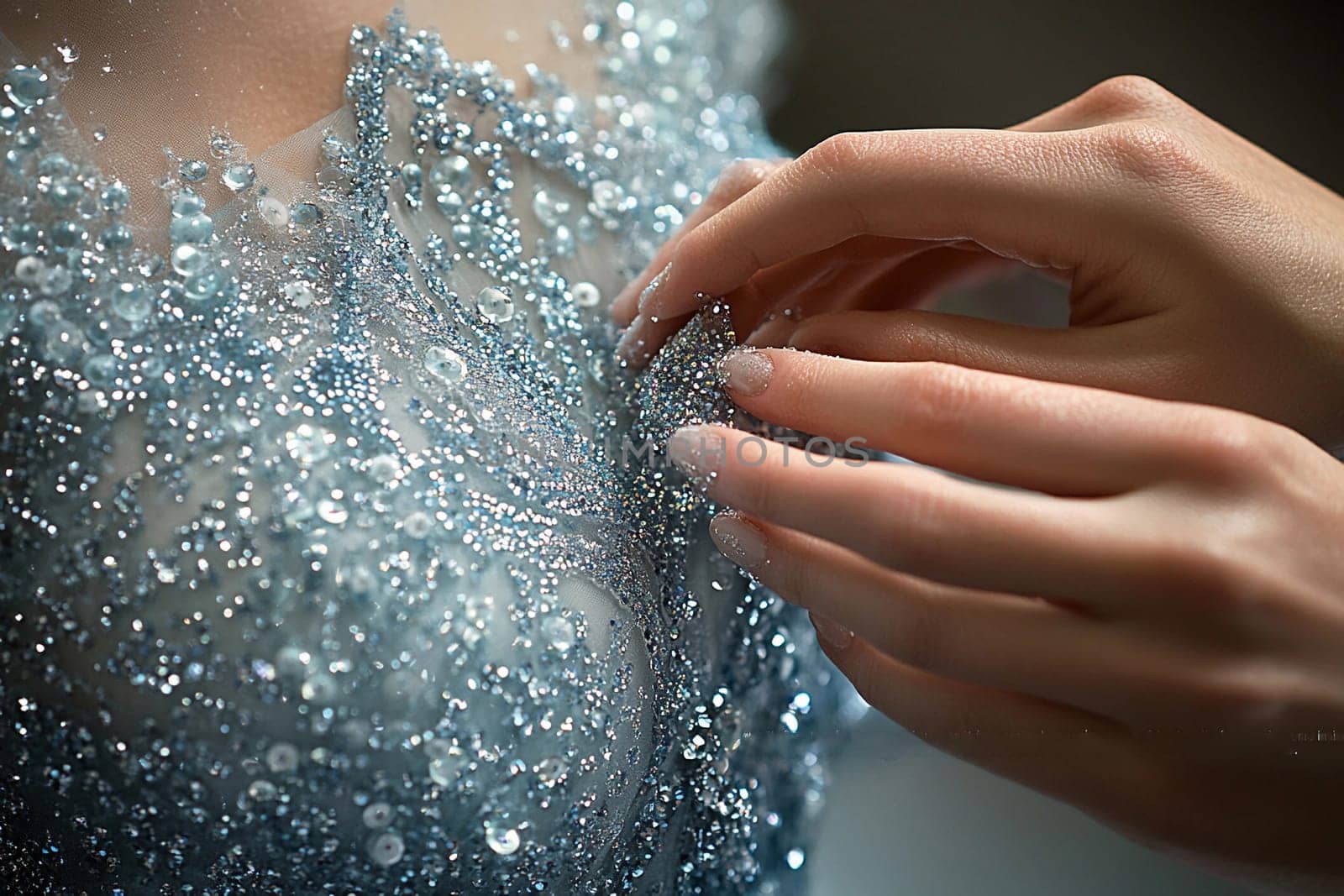 Delicate hands carefully enhance the detailed beaded neckline of a stunning gown, showcasing craftsmanship in soft lighting.