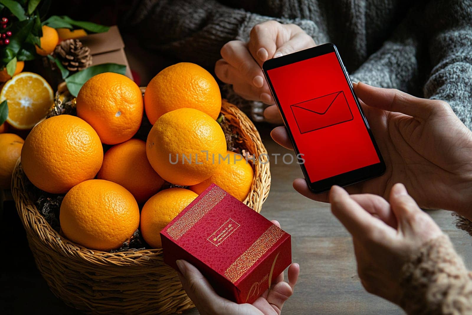 Friends exchange gifts while enjoying fresh oranges and checking messages on their smartphones in a cozy autumn setting.
