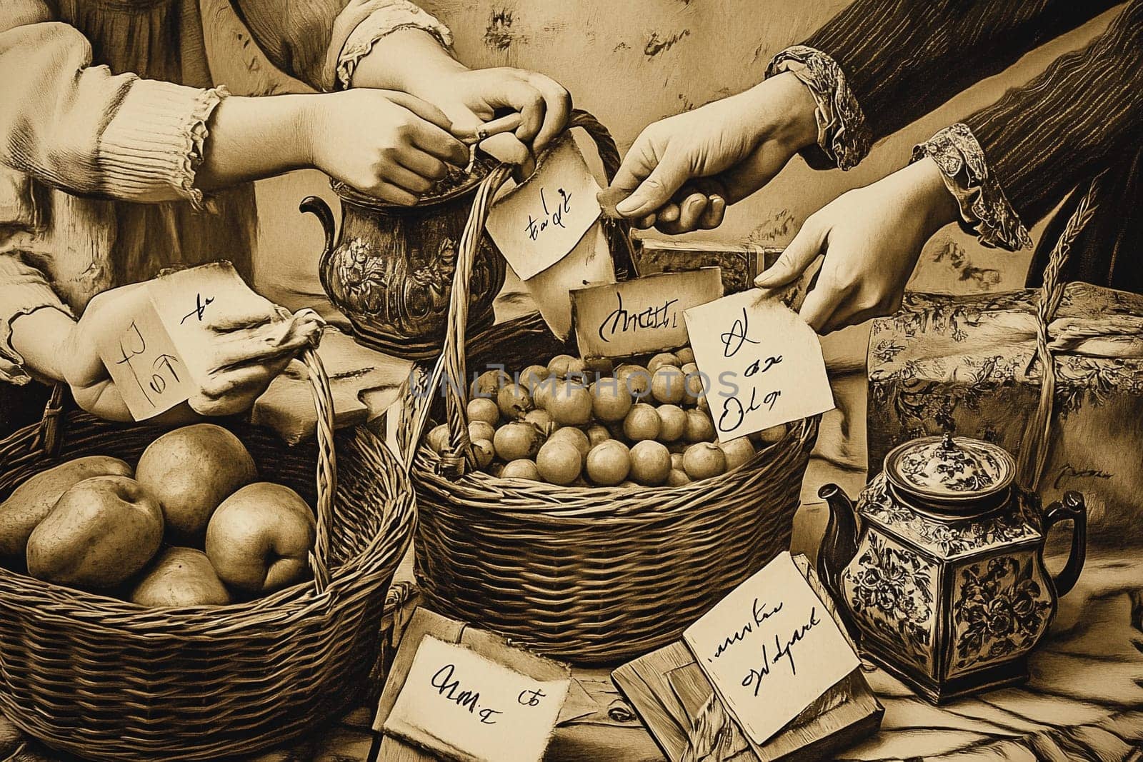 People are exchanging fruits and handwritten notes in a vintage market environment, showcasing details and textures of the items.