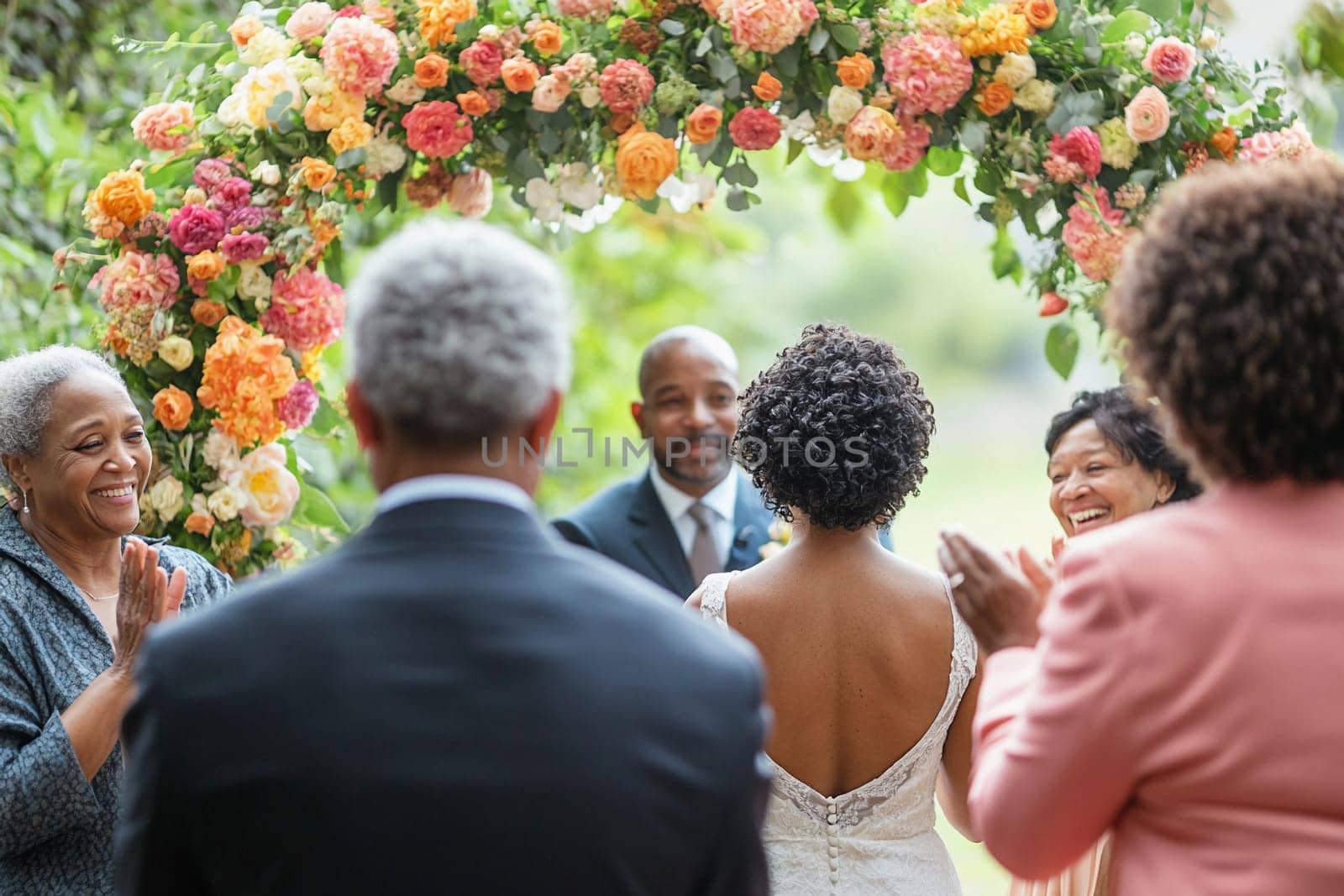 A joyful couple exchanges vows in a garden, surrounded by blooming flowers and smiling family members celebrating their love.
