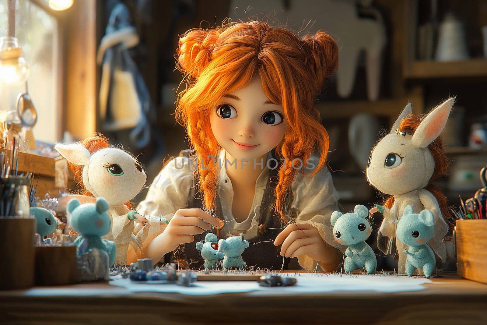 A girl with orange hair is crafting plush toys in a bright workshop filled with adorable animal figures and craft supplies.