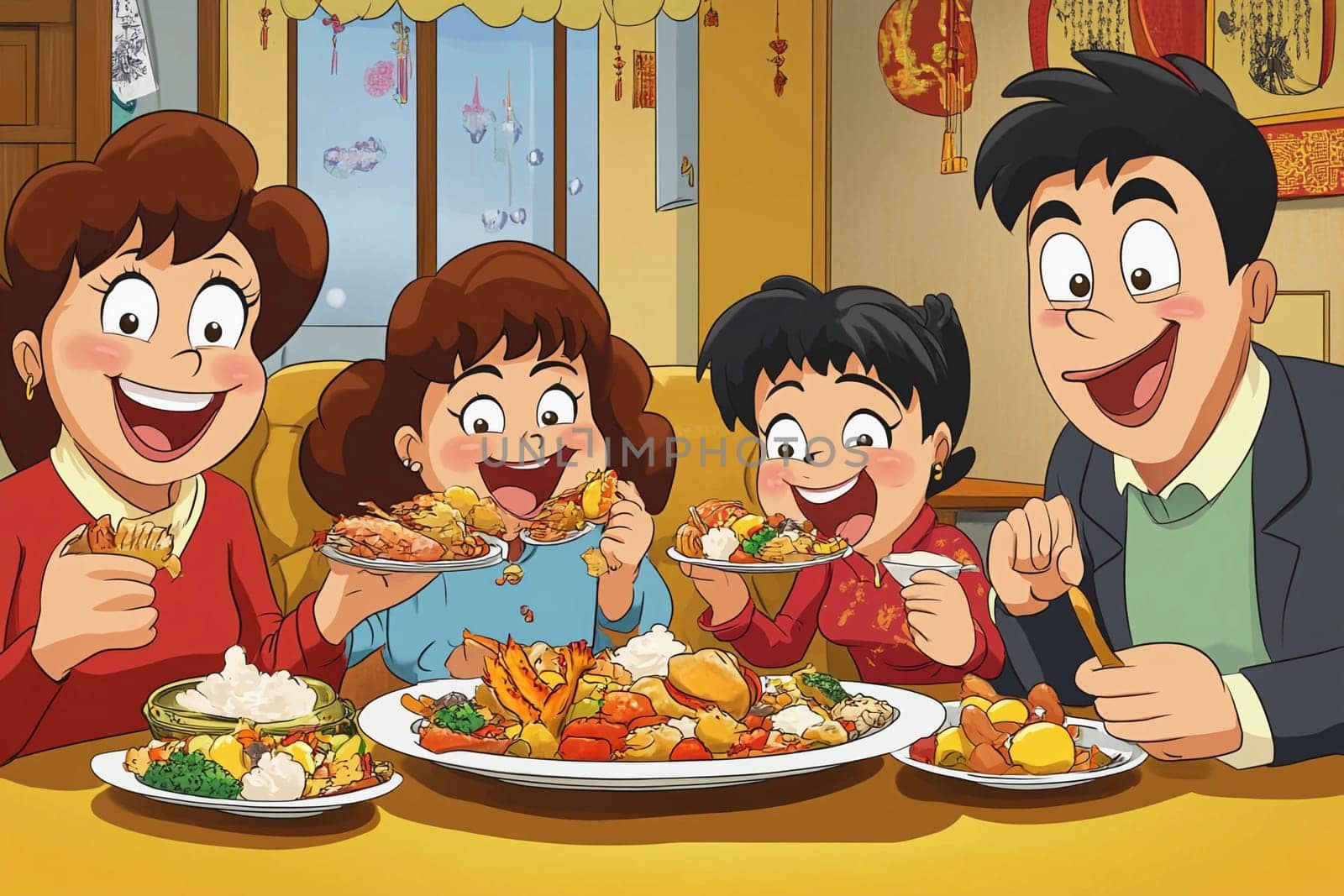 Four family members share a cheerful moment at a dining table full of delicious food, enjoying each other's company and festive atmosphere.