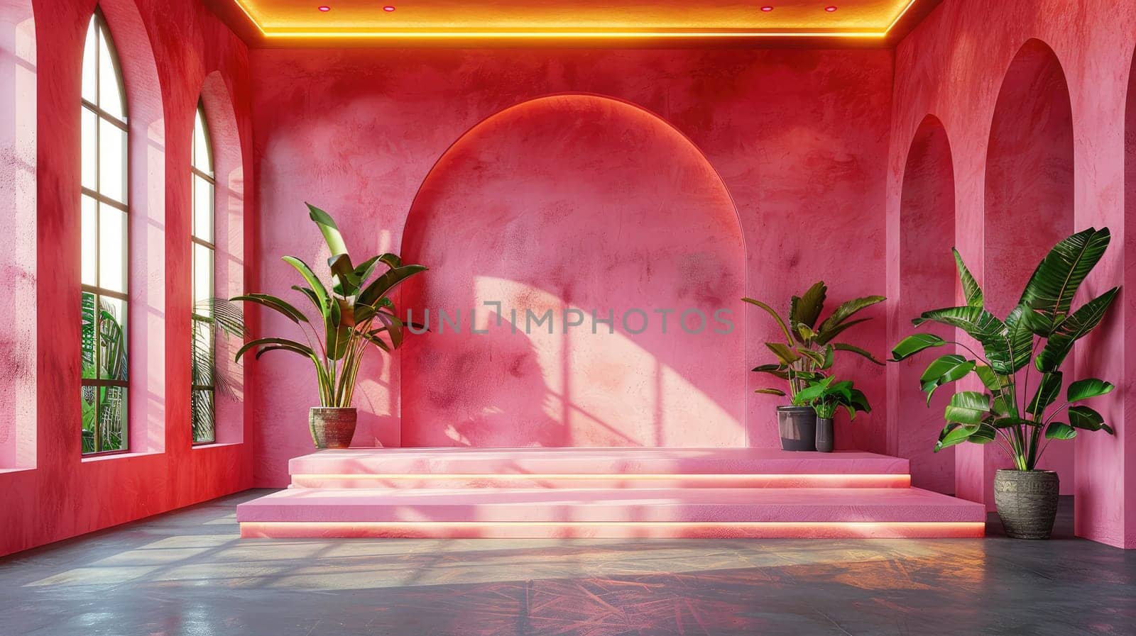 This vibrant indoor setting features pink walls, large arched windows allowing natural light to pour in, and elegant potted plants, creating a lively atmosphere.