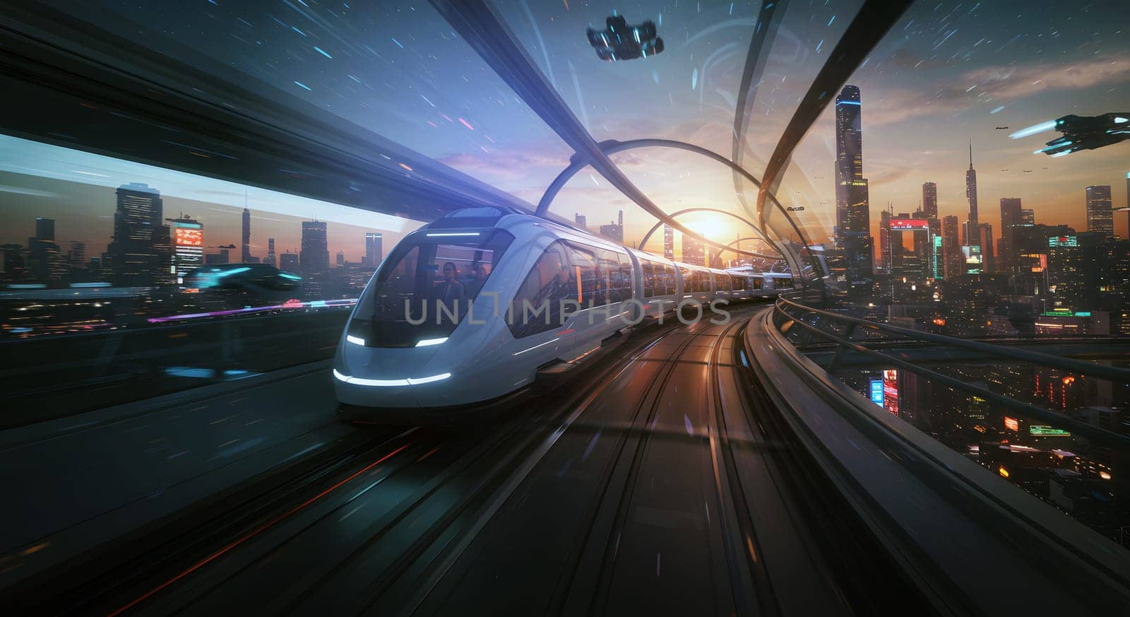 A sleek futuristic train traveling on elevated tracks through a vibrant, illuminated city at sunset. Ideal for sci-fi themes, transport innovations, and urban future concepts.