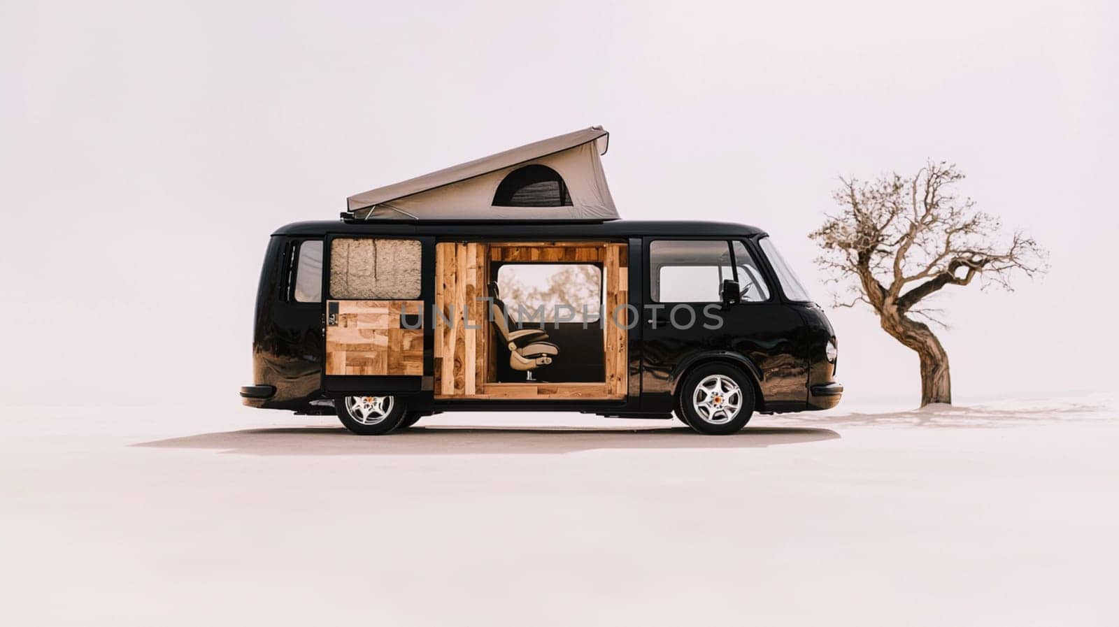 Luxurious camper van parked near a tree in the countryside, offering a peaceful and comfortable retreat for nature enthusiasts