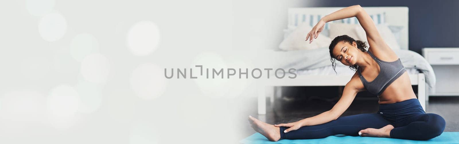 Banner, yoga and fitness, woman in bedroom and stretching workout with mockup, health and wellness in home. Pilates, exercise and girl training on floor in apartment with space, bokeh and commitment