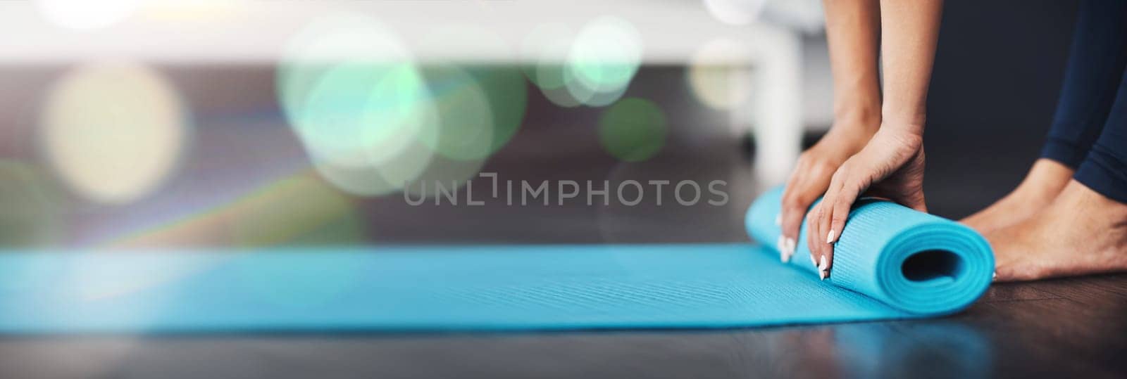 Woman, hands and mat on banner for yoga, fitness or preparation in pilates, zen or exercise on mockup. Closeup of female person or yogi on floor getting ready for wellness, gym or body health.