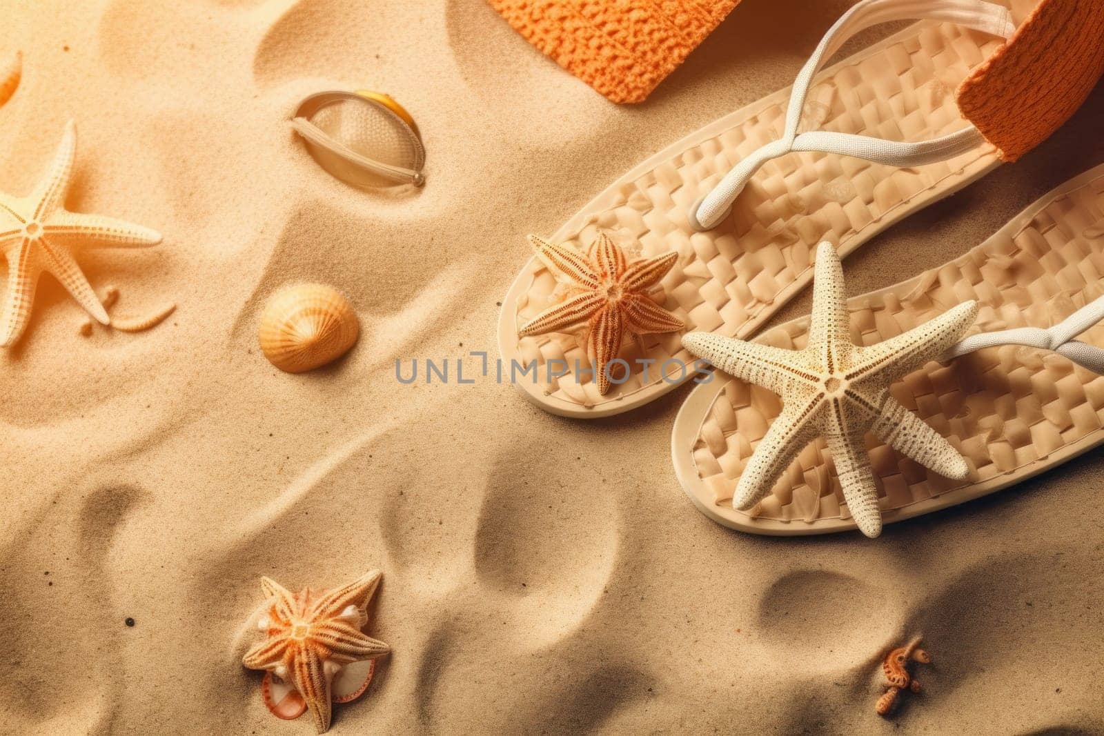 Coastal escape still life with seashells, starfish, and a hat on a sandy beach by Sorapop