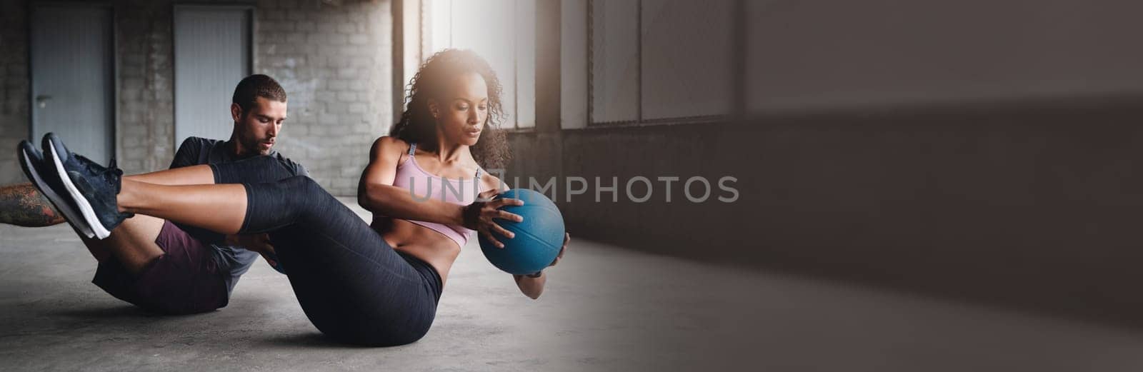 Gym, banner and couple exercise with ball, weight or training cardio fitness together. Mockup, space and people workout body with weightlifting, sit up or lifting legs for wellness, goals or pilates.