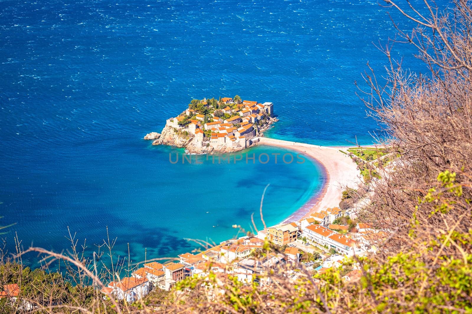 Sveti Stefan historic island village and waterfront view, archipelago of Montenegro