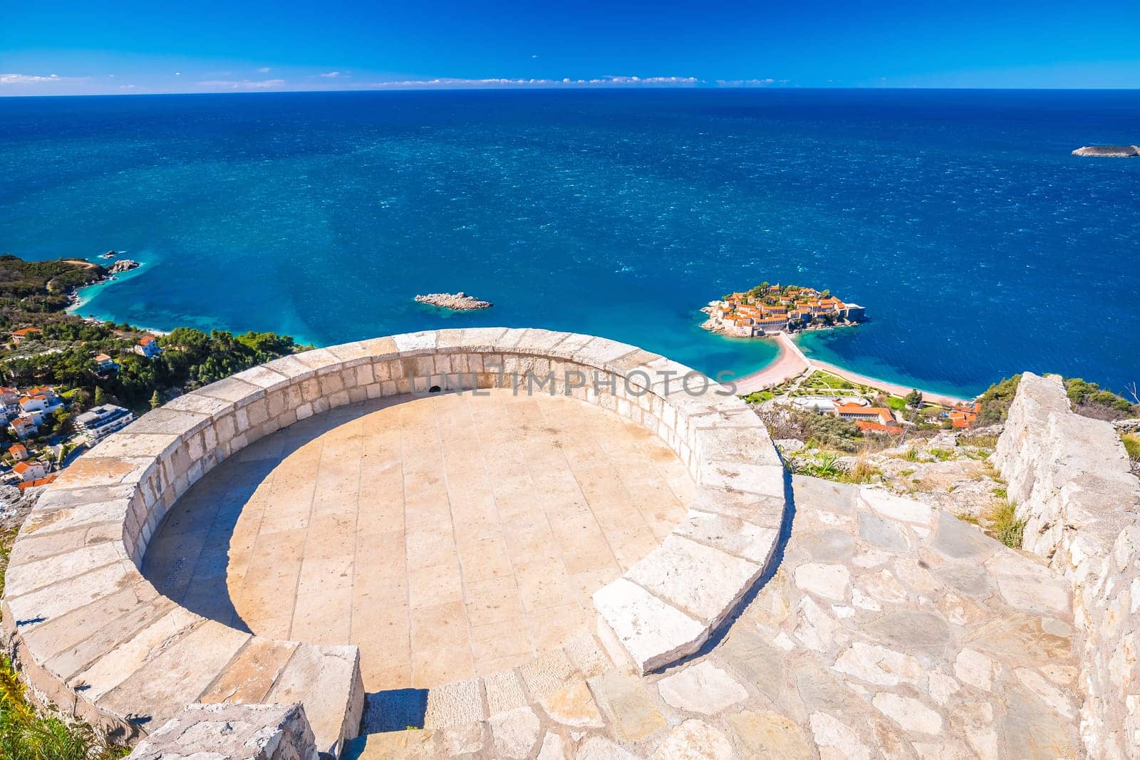 Sveti Stefan historic island village and waterfront view from viewpoint by xbrchx