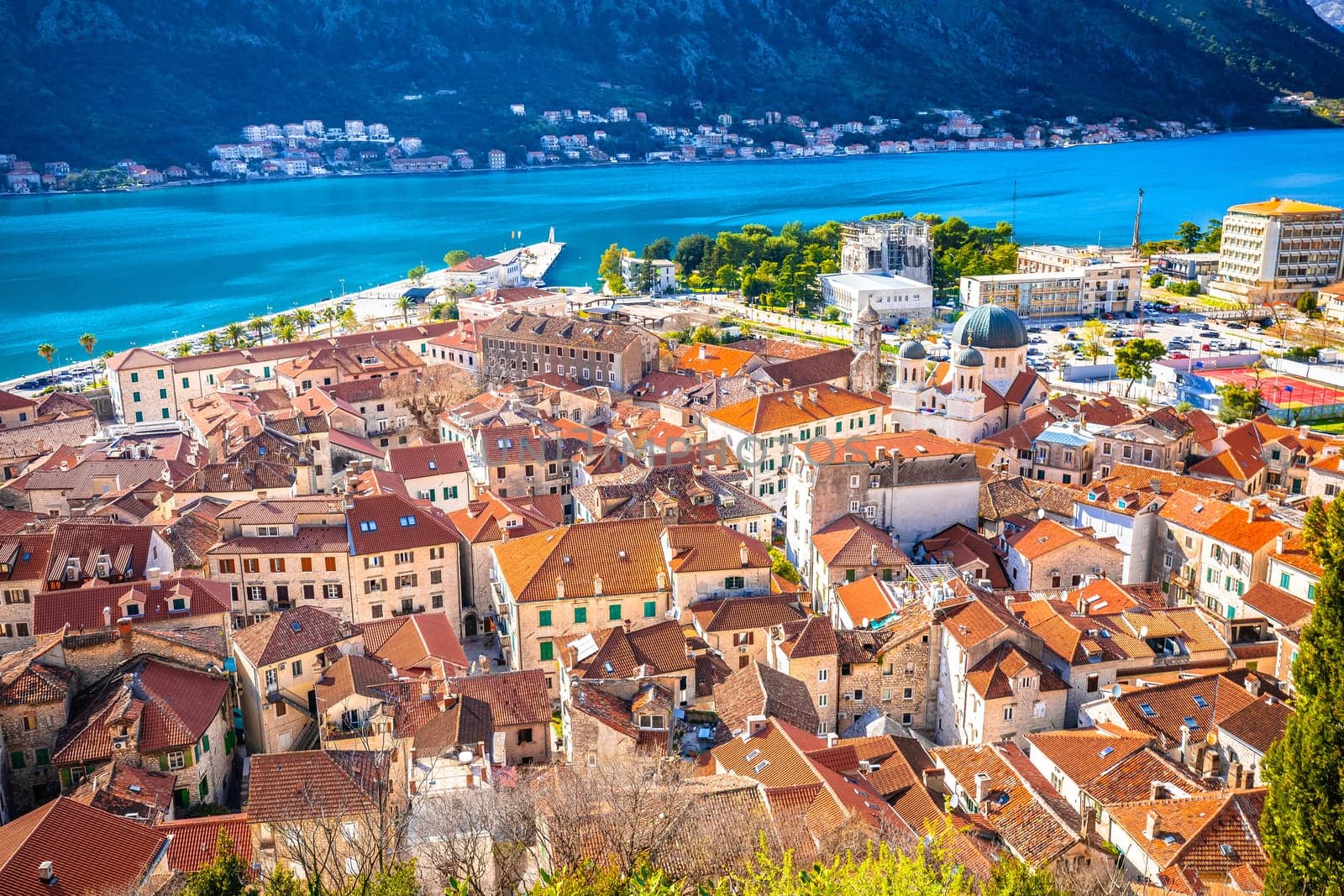 Historic town of Kotor scenic rooftops view, Boka Kotorska bay of Montenegro